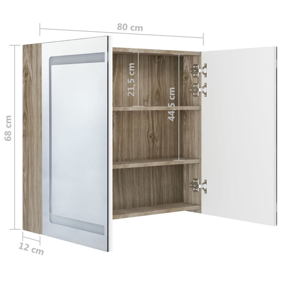 Badkamerkast Met Spiegel En Led 80X2X68 Cm Kleurig Wit en eiken