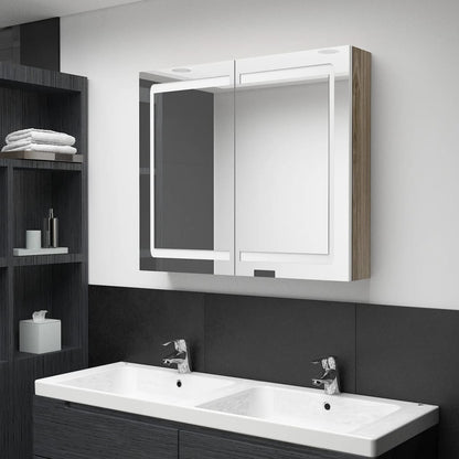 Badkamerkast Met Spiegel En Led 80X2X68 Cm Kleurig Wit en eiken