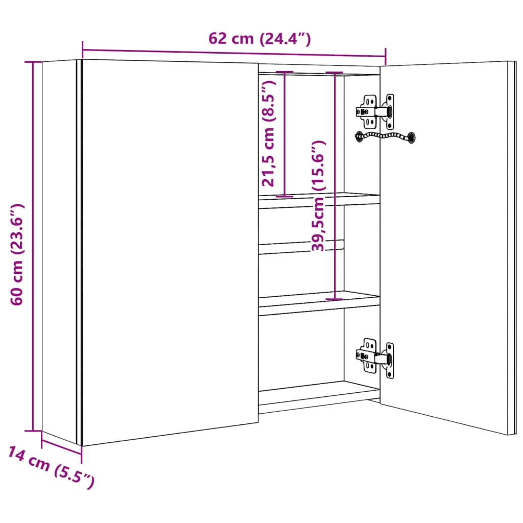 Badkamerkast Met Spiegel En Led 62X14X60 Cm Grijs 62 x 14 x 60 cm