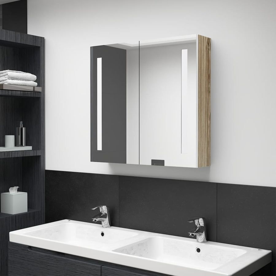 Badkamerkast Met Spiegel En Led Kleurig 62 x 14 x 60 cm Wit en eiken