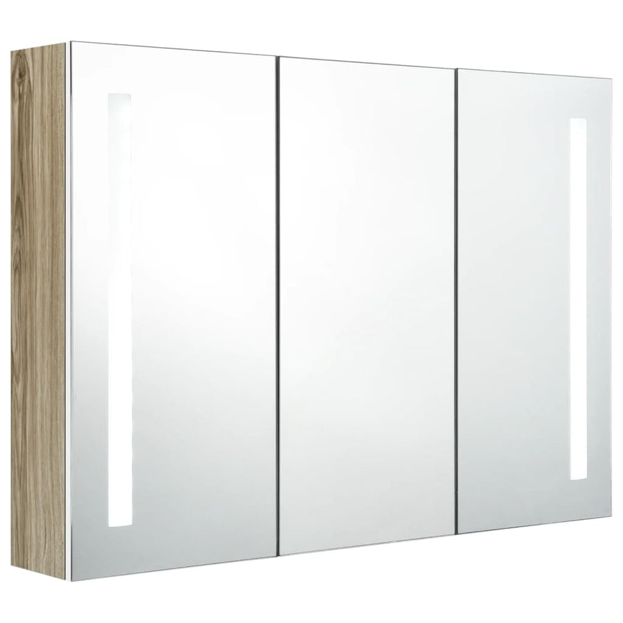 Badkamerkast Met Spiegel En Led 89X14X62 Cm Wit En Eikenkleurig 89 x 14 x 62 cm
