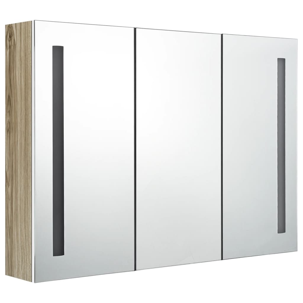 Badkamerkast Met Spiegel En Led 89X14X62 Cm Wit En Eikenkleurig 89 x 14 x 62 cm