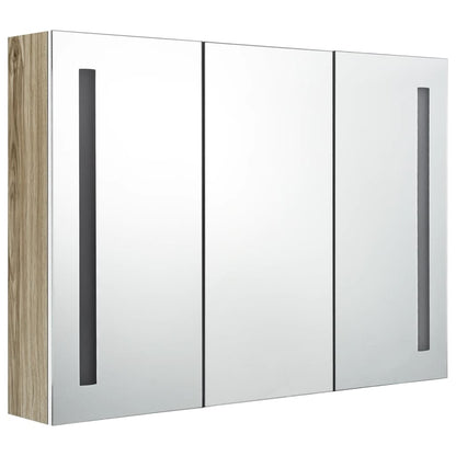 Badkamerkast Met Spiegel En Led 89X14X62 Cm Wit En Eikenkleurig 89 x 14 x 62 cm