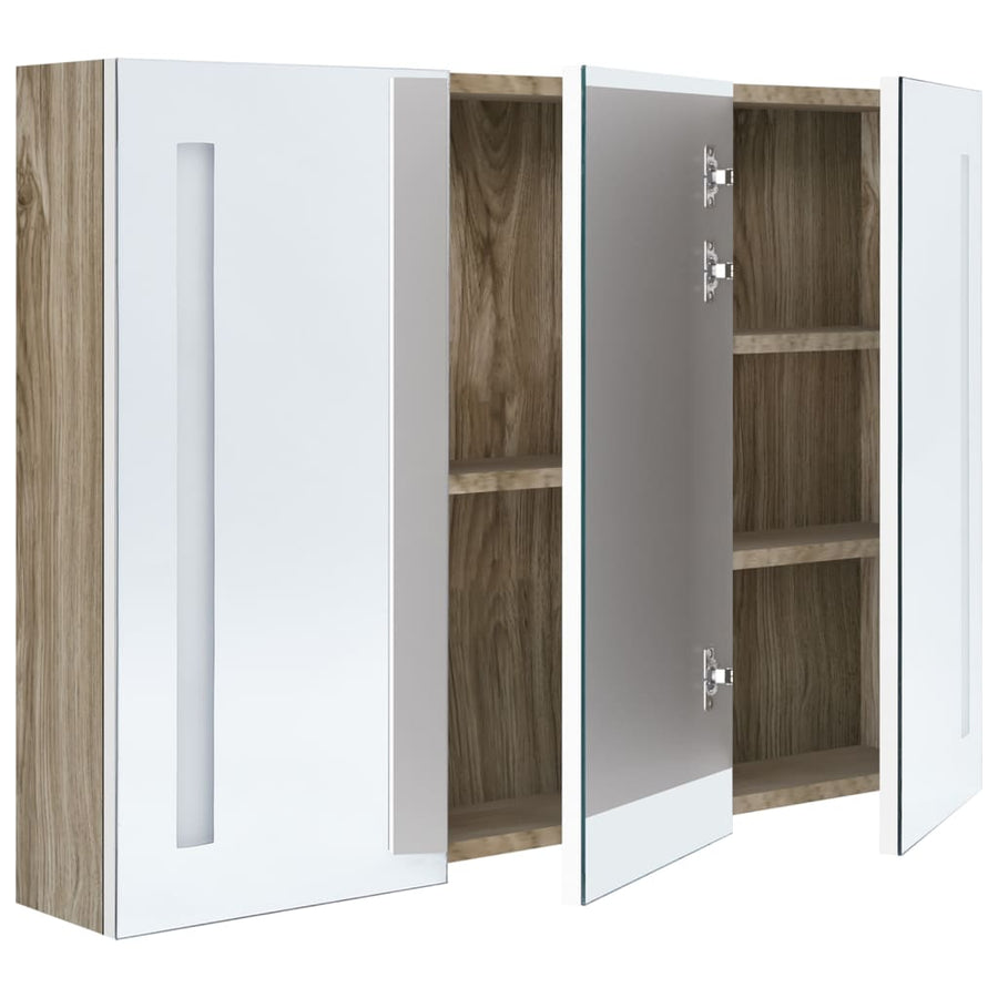 Badkamerkast Met Spiegel En Led 89X14X62 Cm Wit En Eikenkleurig 89 x 14 x 62 cm