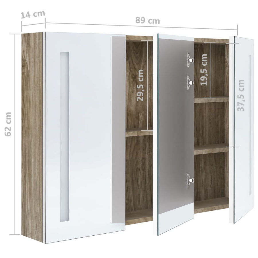 Badkamerkast Met Spiegel En Led 89X14X62 Cm Wit En Eikenkleurig 89 x 14 x 62 cm