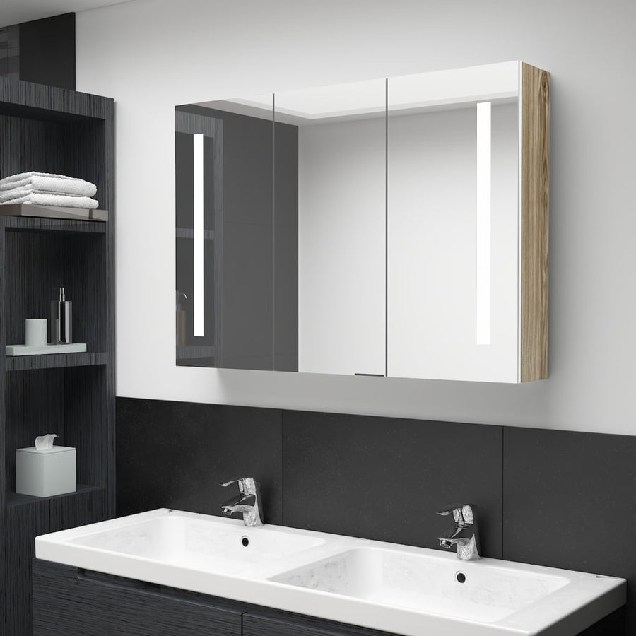 Badkamerkast Met Spiegel En Led 89X14X62 Cm Wit En Eikenkleurig 89 x 14 x 62 cm