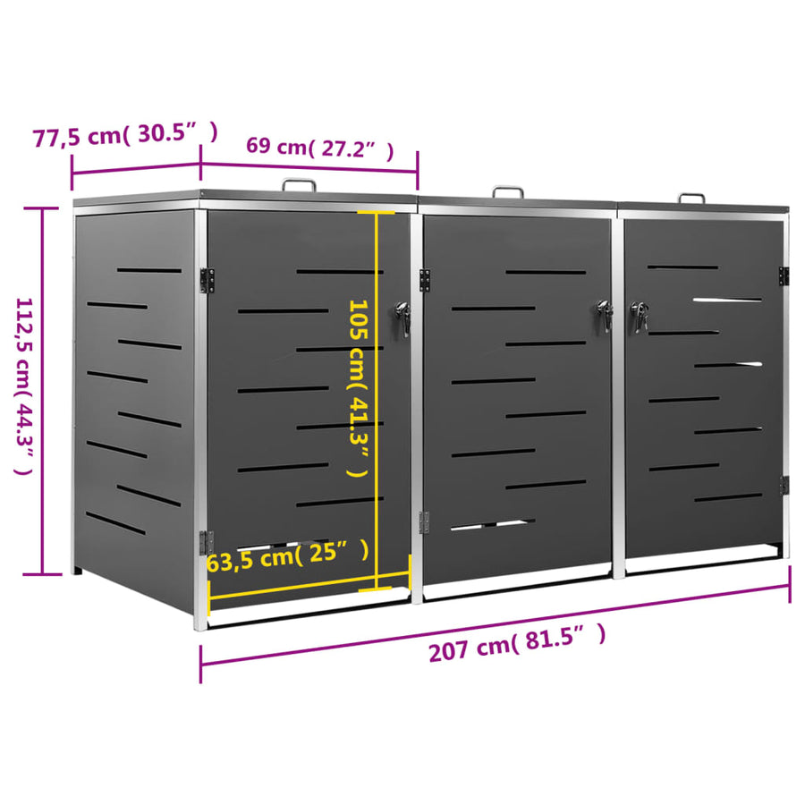 Containerberging Driedubbel 207X77,5X112,5 Cm Roestvrij Staal 3 containers Antraciet