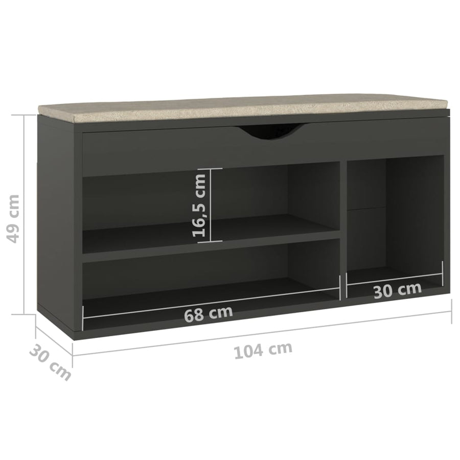 Schoenenbank met kussen 104x30x49 cm spaanplaat grijs Grijs