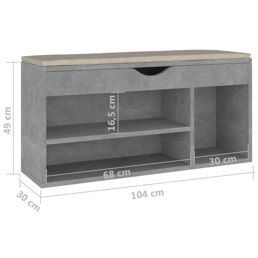 Schoenenbank met kussen 104x30x49 cm spaanplaat betongrijs Betongrijs