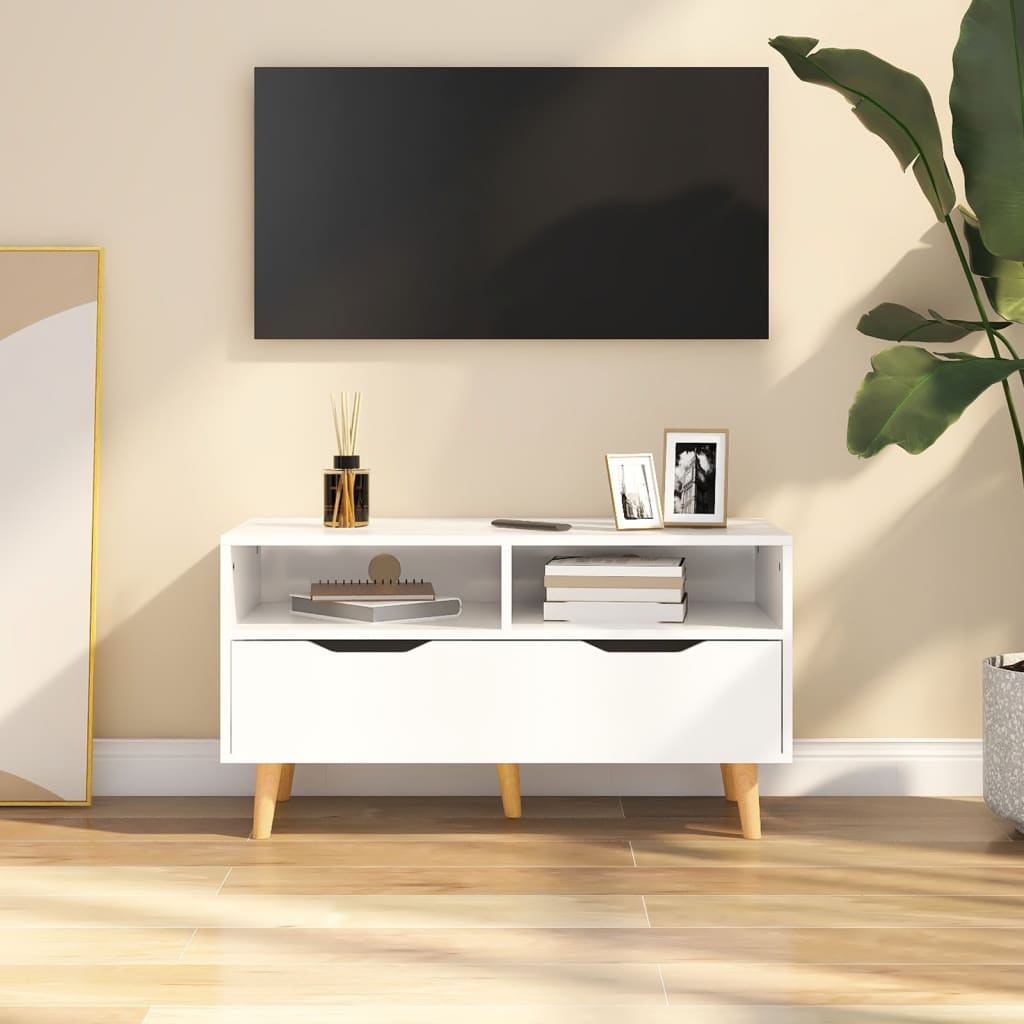 Tv-Meubel 90X40X48,5X Cm Bewerkt Hout Hoogglans wit