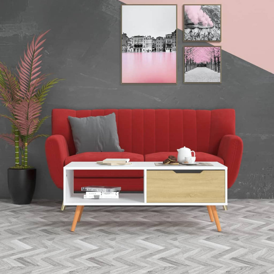 Salontafel 100X49,5X43 Cm Bewerkt Hout Kleur Wit en sonoma eiken