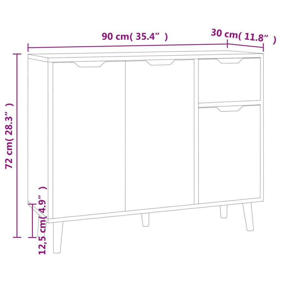Dressoir 90x30x72 cm bewerkt hout hoogglans wit