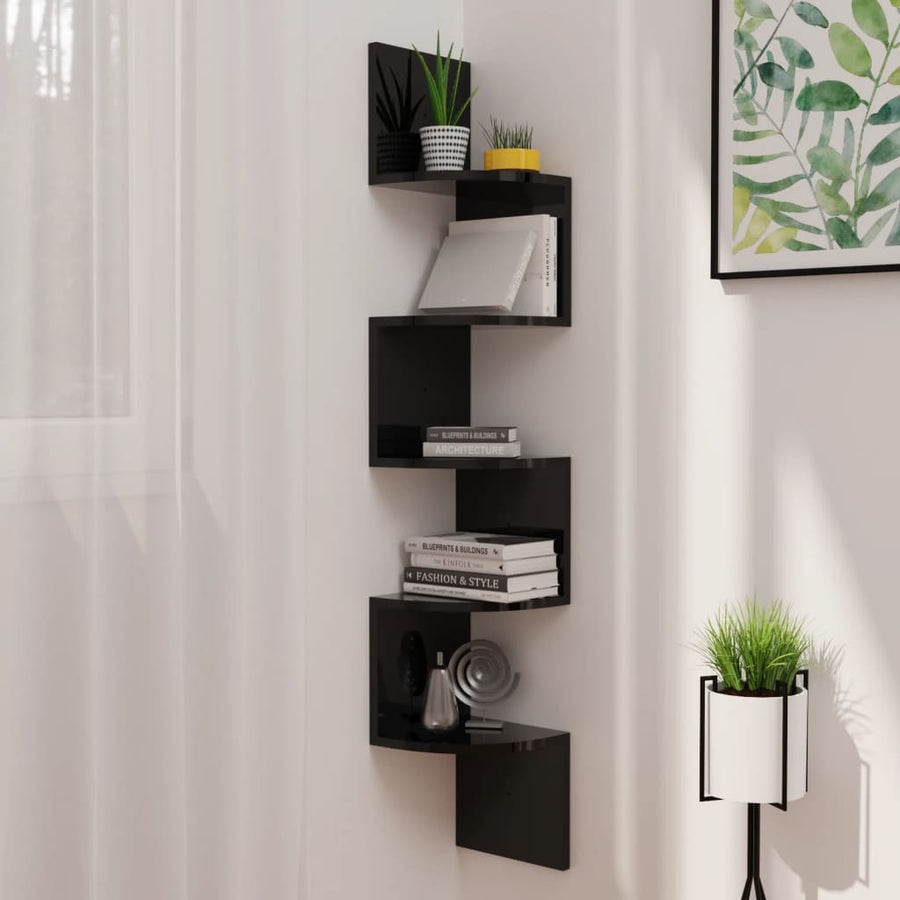 Hoekwandschap 9X9X23 Cm Bewerkt Hout 1 Hoogglans zwart