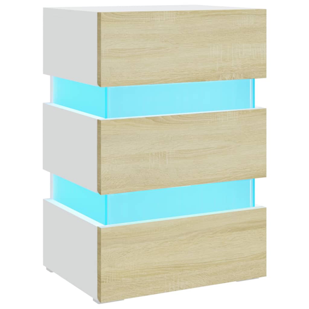 326846  Nachtkastje Led 45X35X67 Cm Bewerkt Hout Wit en sonoma eiken