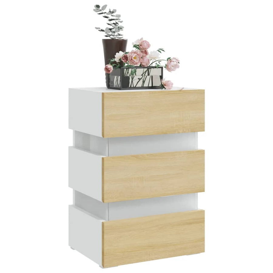 326846  Nachtkastje Led 45X35X67 Cm Bewerkt Hout Wit en sonoma eiken