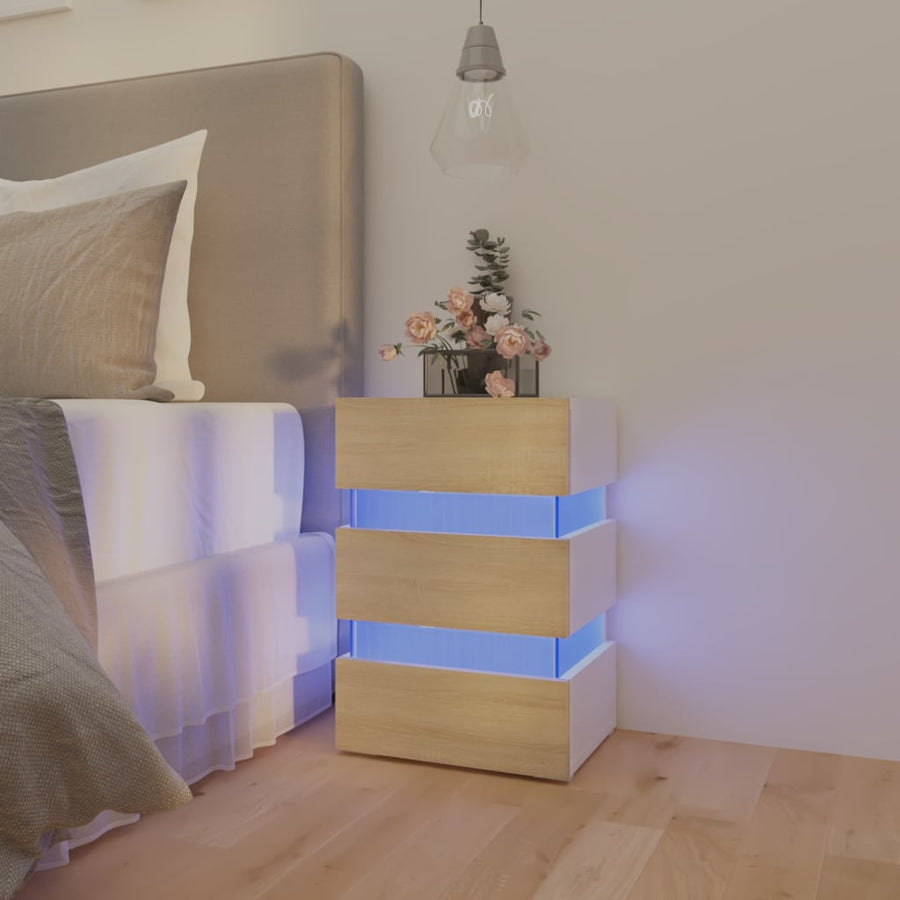326846  Nachtkastje Led 45X35X67 Cm Bewerkt Hout Wit en sonoma eiken