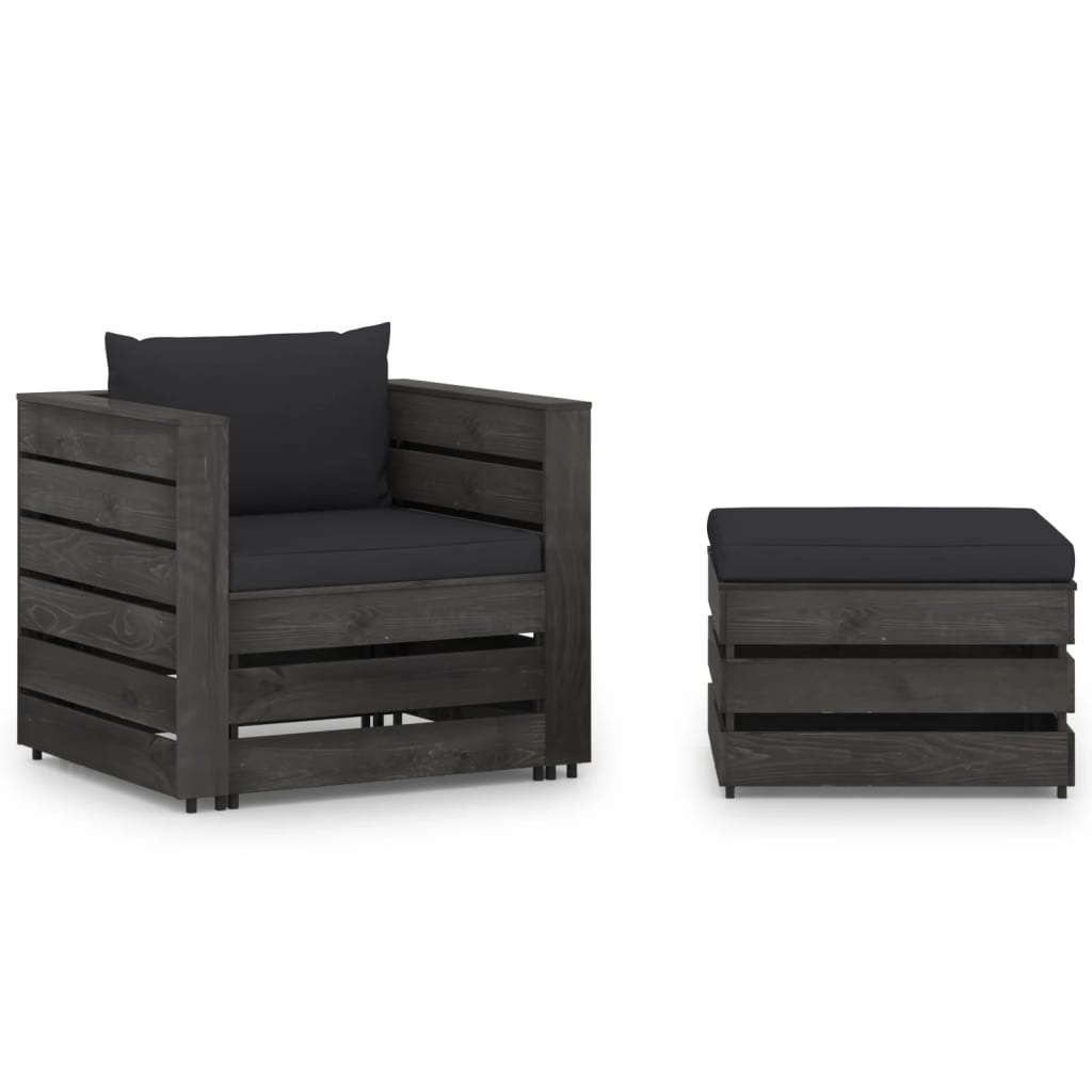 2-Delige Loungeset Met Kussens Grijs Geïmpregneerd Hout Zwart en grijs