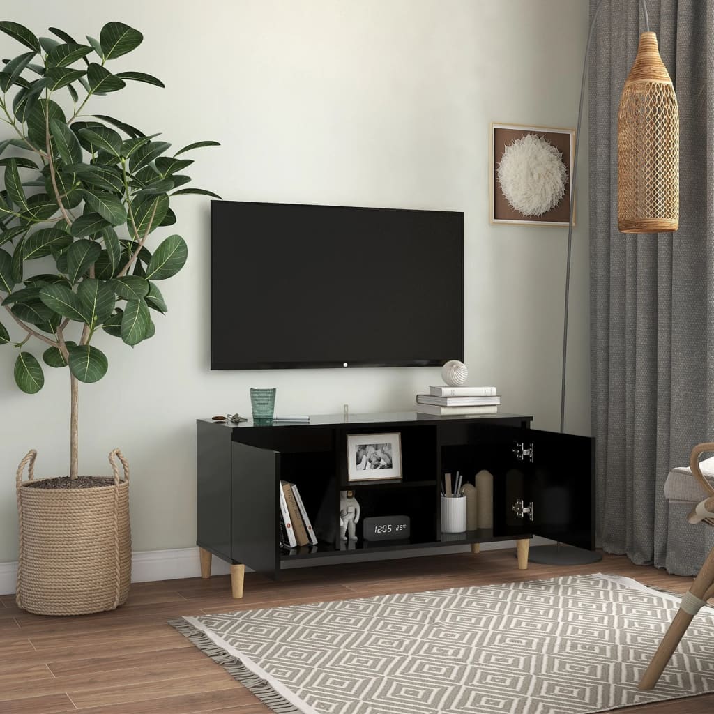 Tv-meubel met massief houten poten 103,5x35x50 cm zwart Zwart
