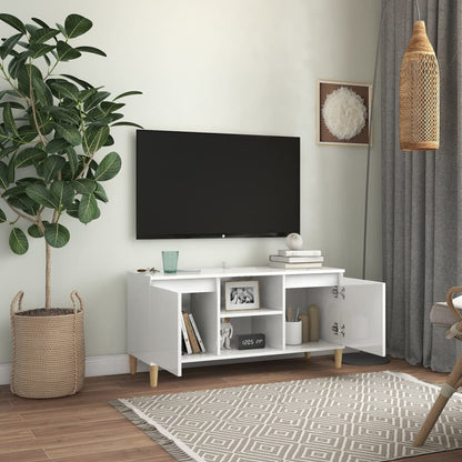 Tv-meubel met houten poten 103,5x35x50 cm hoogglans wit Hoogglans wit