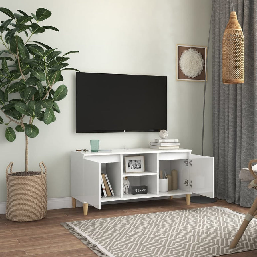 Tv-meubel met houten poten 103,5x35x50 cm hoogglans wit Hoogglans wit