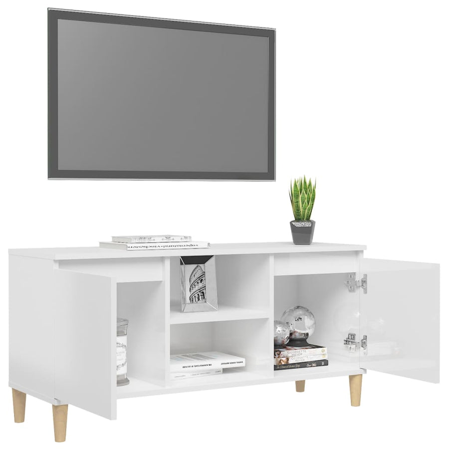 Tv-meubel met houten poten 103,5x35x50 cm hoogglans wit Hoogglans wit
