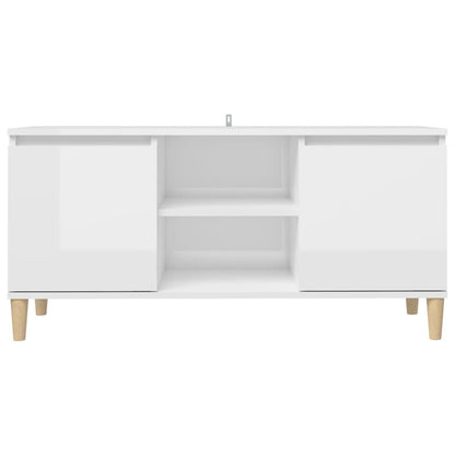 Tv-meubel met houten poten 103,5x35x50 cm hoogglans wit Hoogglans wit