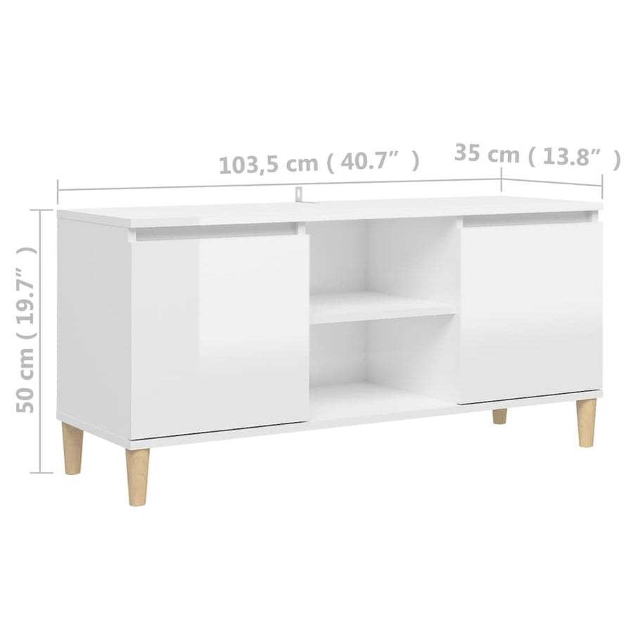 Tv-meubel met houten poten 103,5x35x50 cm hoogglans wit Hoogglans wit