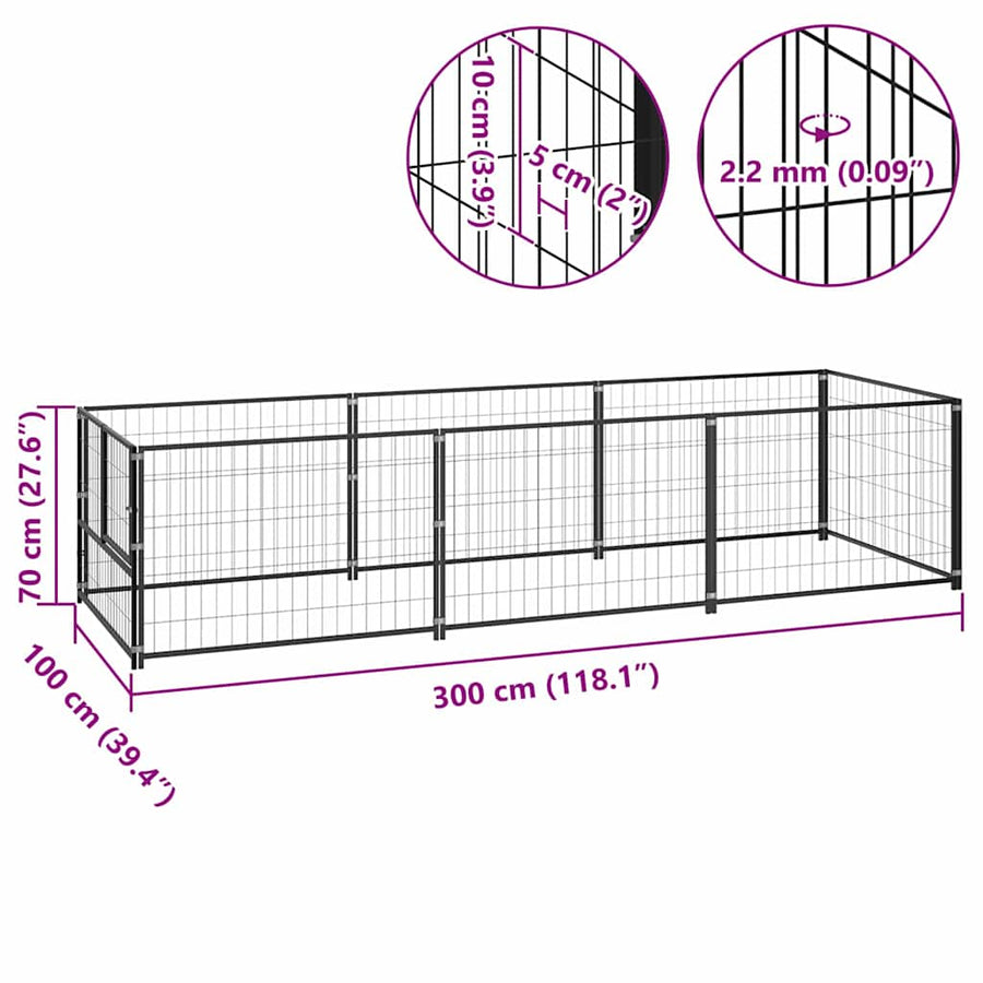 Hondenkennel 300x100x70 cm staal zwart