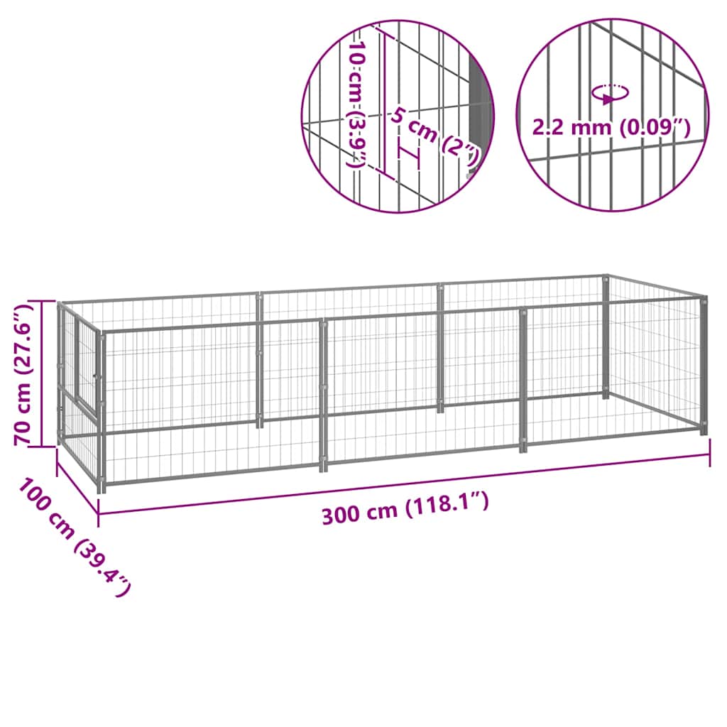 Hondenkennel 300x100x70 cm staal zilverkleurig