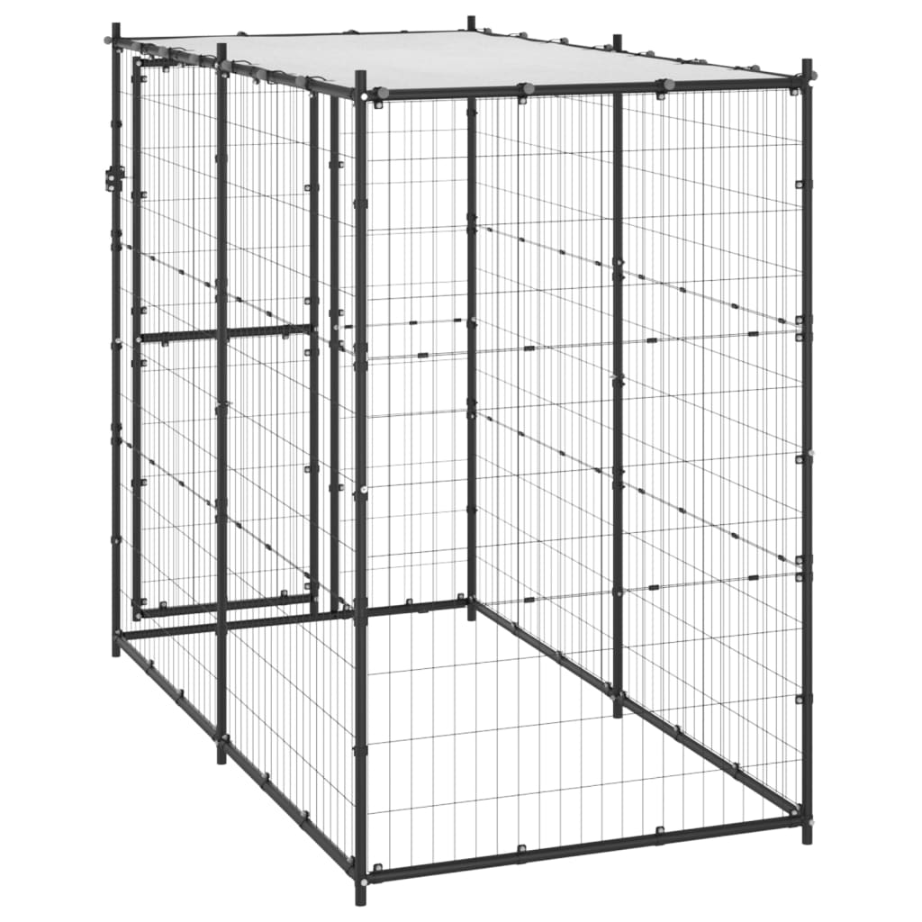Hondenkennel Voor Buiten Met Dak Staal 110 x 220 x 180 cm Zwart en zilver Ja