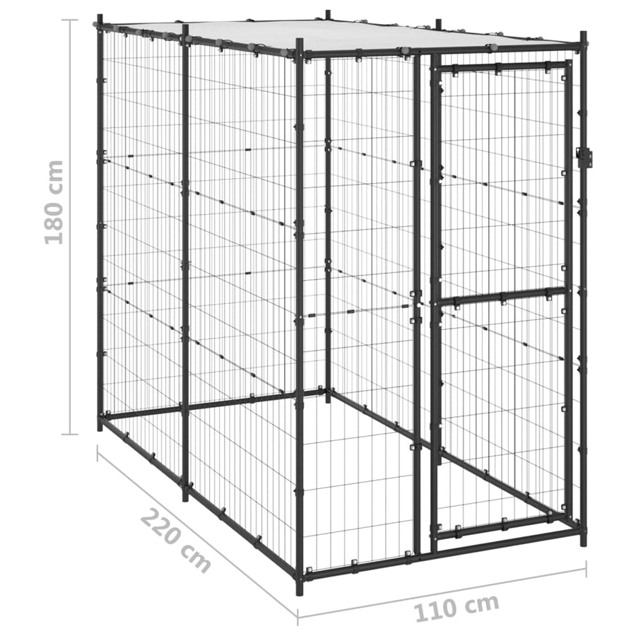 Hondenkennel Voor Buiten Met Dak Staal 110 x 220 x 180 cm Zwart en zilver Ja
