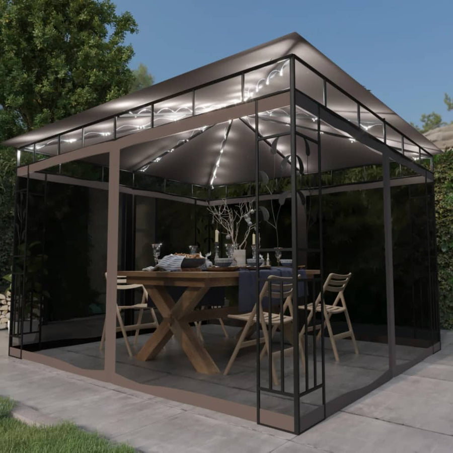 Prieel Met Klamboe En Led-Lichtslinger 3X3X2,73 M 3 x 3 x 2.73 m Taupe