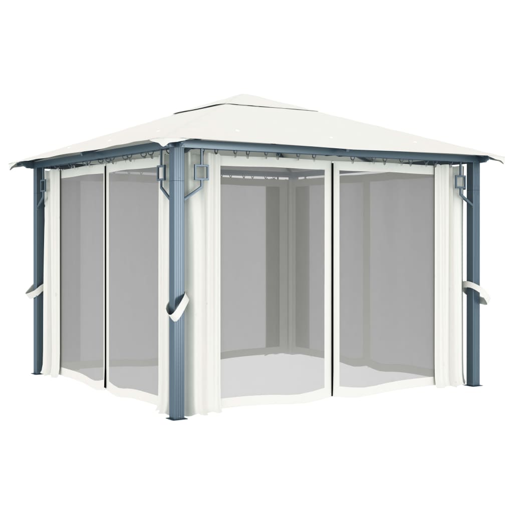 Prieel Met Gordijn En Led-Lichtslinger 3X3 M Aluminium 300 x 300 cm Crème