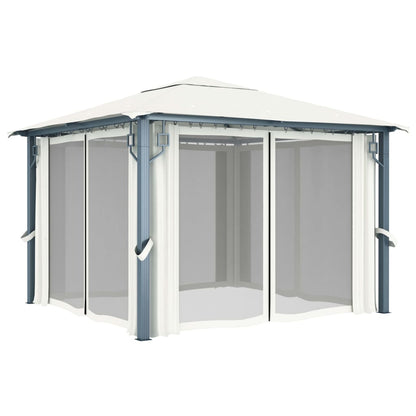 Prieel Met Gordijn En Led-Lichtslinger 3X3 M Aluminium 300 x 300 cm Crème