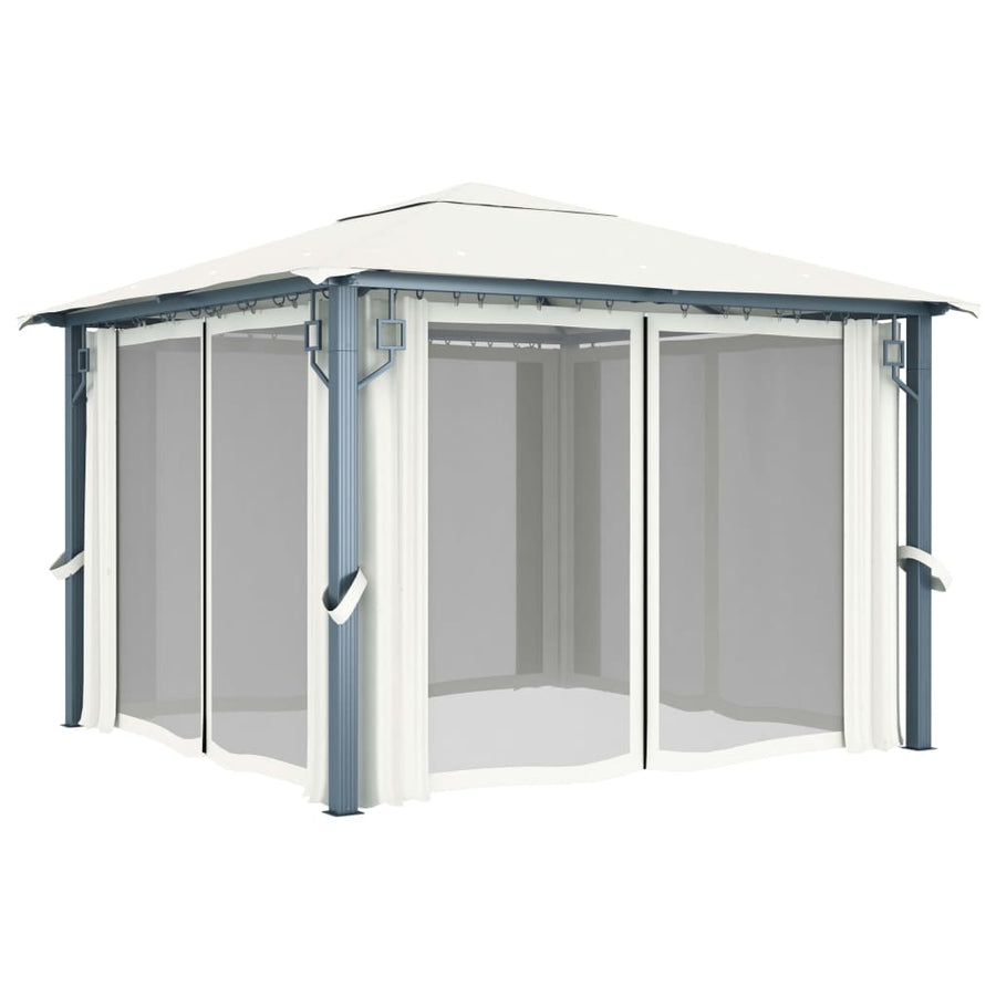 Prieel Met Gordijn En Led-Lichtslinger 3X3 M Aluminium 300 x 300 cm Crème