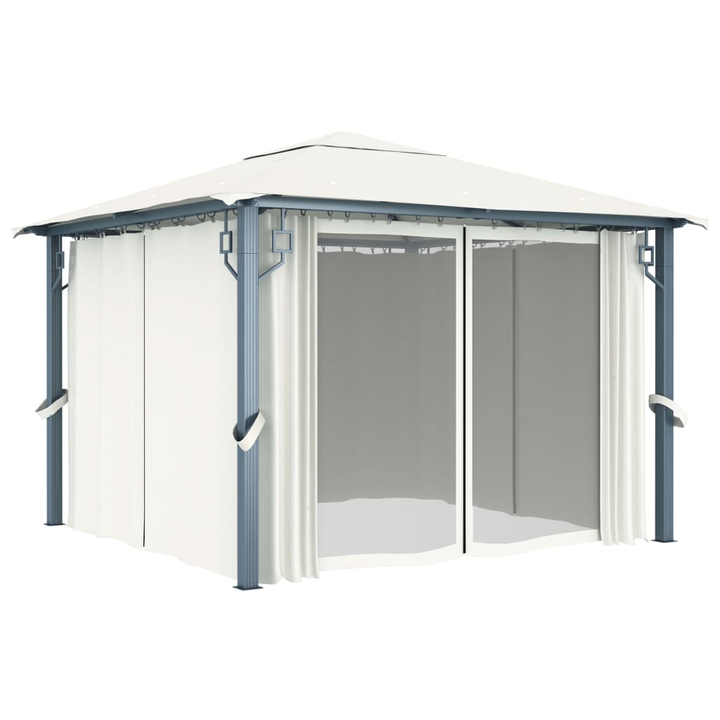Prieel Met Gordijn En Led-Lichtslinger 3X3 M Aluminium 300 x 300 cm Crème