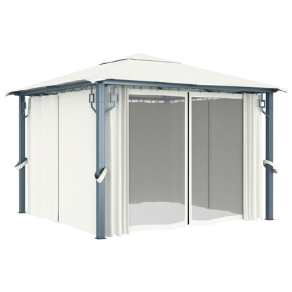 Prieel Met Gordijn En Led-Lichtslinger 3X3 M Aluminium 300 x 300 cm Crème