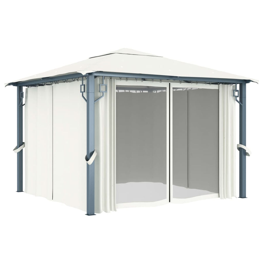 Prieel Met Gordijn En Led-Lichtslinger 3X3 M Aluminium 300 x 300 cm Crème