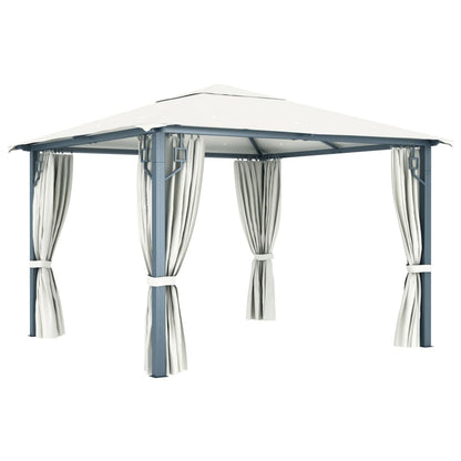 Prieel Met Gordijn En Led-Lichtslinger 3X3 M Aluminium 300 x 300 cm Crème