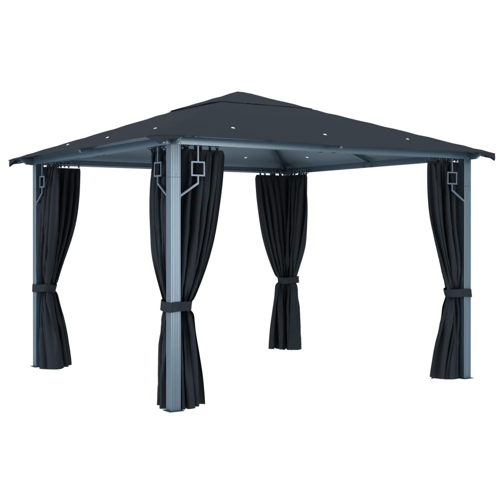 Prieel Met Gordijn Led-Lichtslinger 3X3 M Aluminium 300 x 300 cm Antraciet