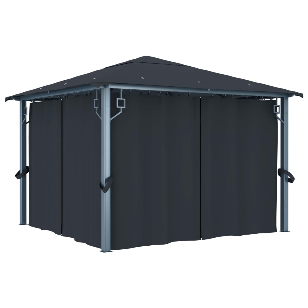 Prieel Met Gordijn Led-Lichtslinger 3X3 M Aluminium 300 x 300 cm Antraciet