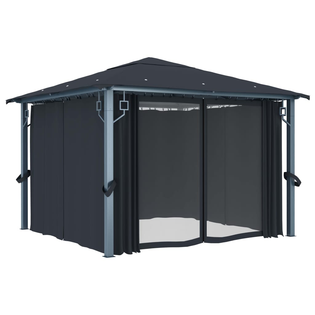 Prieel Met Gordijn Led-Lichtslinger 3X3 M Aluminium 300 x 300 cm Antraciet