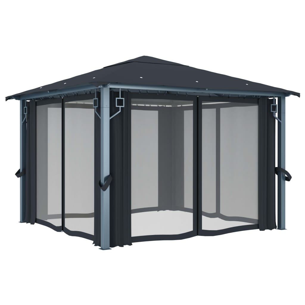 Prieel Met Gordijn Led-Lichtslinger 3X3 M Aluminium 300 x 300 cm Antraciet