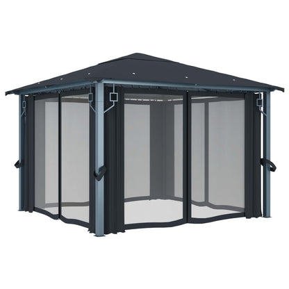 Prieel Met Gordijn Led-Lichtslinger 3X3 M Aluminium 300 x 300 cm Antraciet