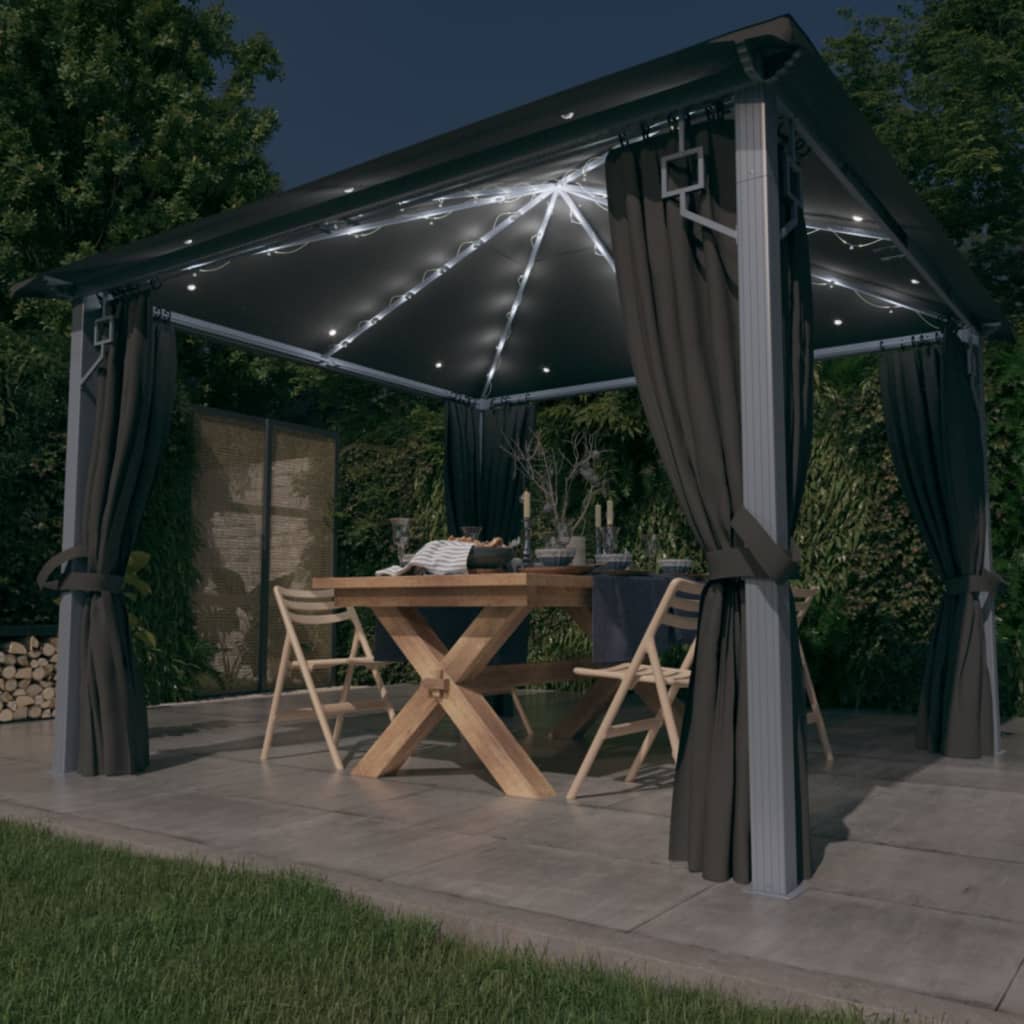 Prieel Met Gordijn Led-Lichtslinger 3X3 M Aluminium 300 x 300 cm Antraciet