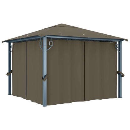 Prieel Met Gordijn En Led-Lichtslinger 3X3 M Aluminium 300 x 300 cm Taupe