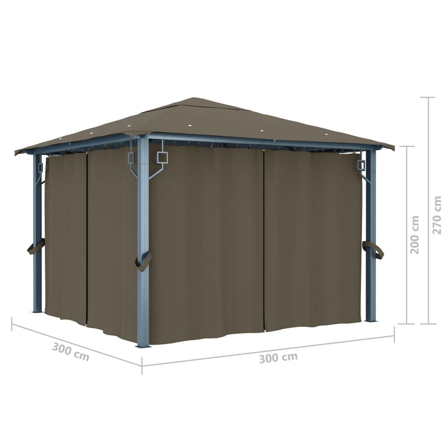 Prieel Met Gordijn En Led-Lichtslinger 3X3 M Aluminium 300 x 300 cm Taupe
