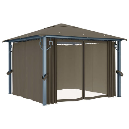 Prieel Met Gordijn En Led-Lichtslinger 3X3 M Aluminium 300 x 300 cm Taupe