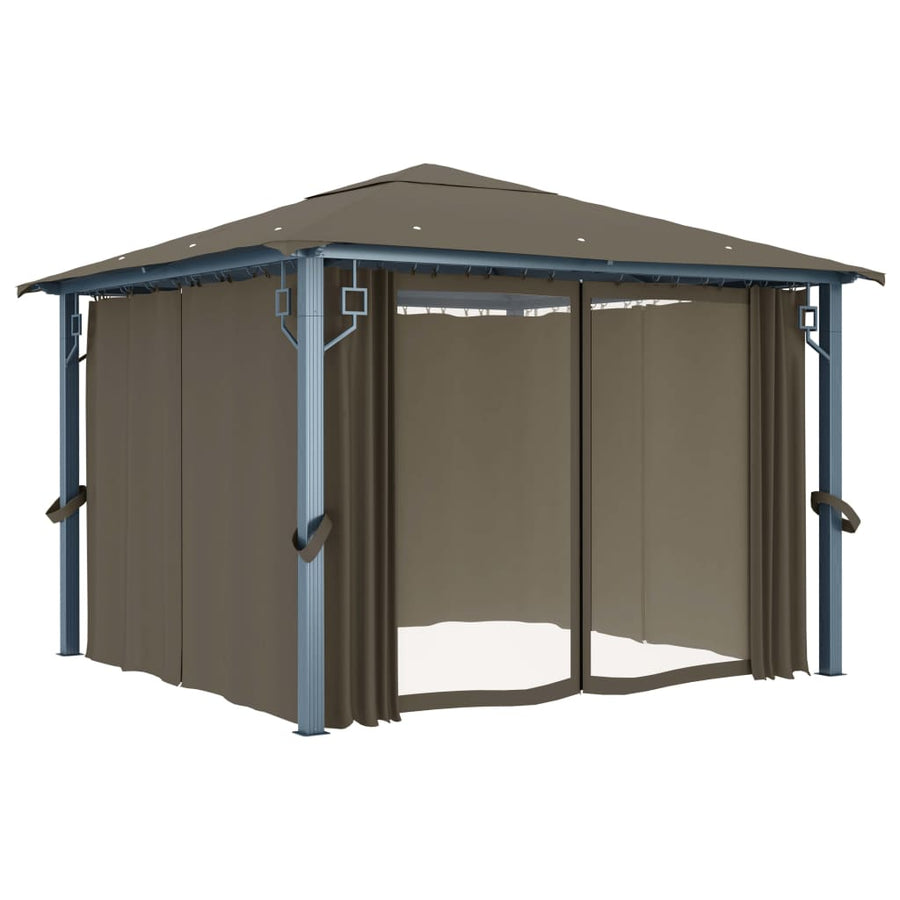 Prieel Met Gordijn En Led-Lichtslinger 3X3 M Aluminium 300 x 300 cm Taupe