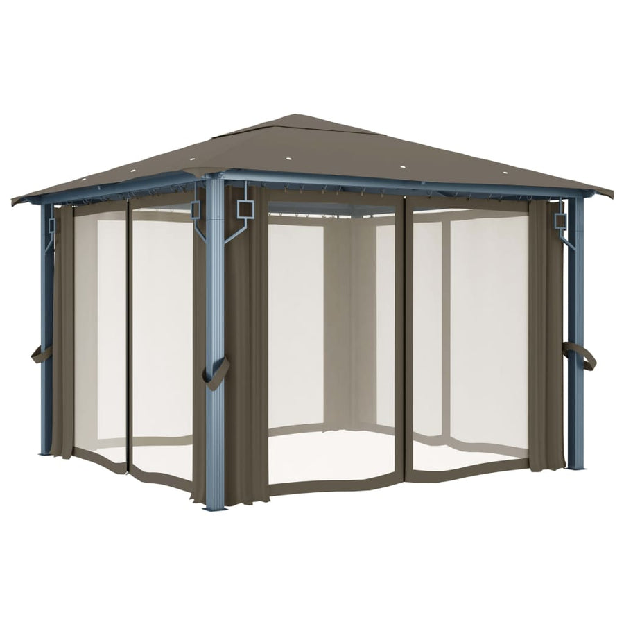 Prieel Met Gordijn En Led-Lichtslinger 3X3 M Aluminium 300 x 300 cm Taupe